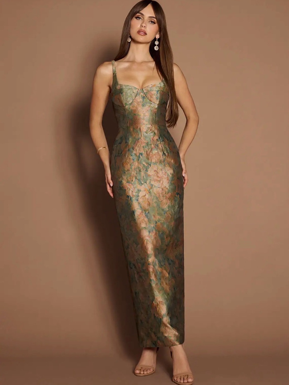Sleeveless Floral Brocade Sheath Dress in Green and Blush Azazie